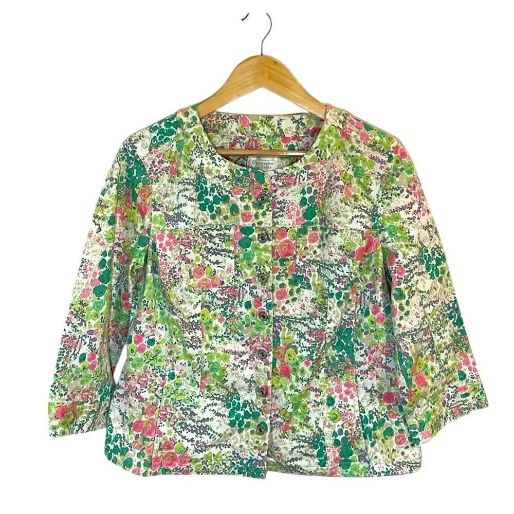 Y2K 2010s Christopher & Banks Calico Jacket, Floral Stretch Blazer, 3/4 sleeve L